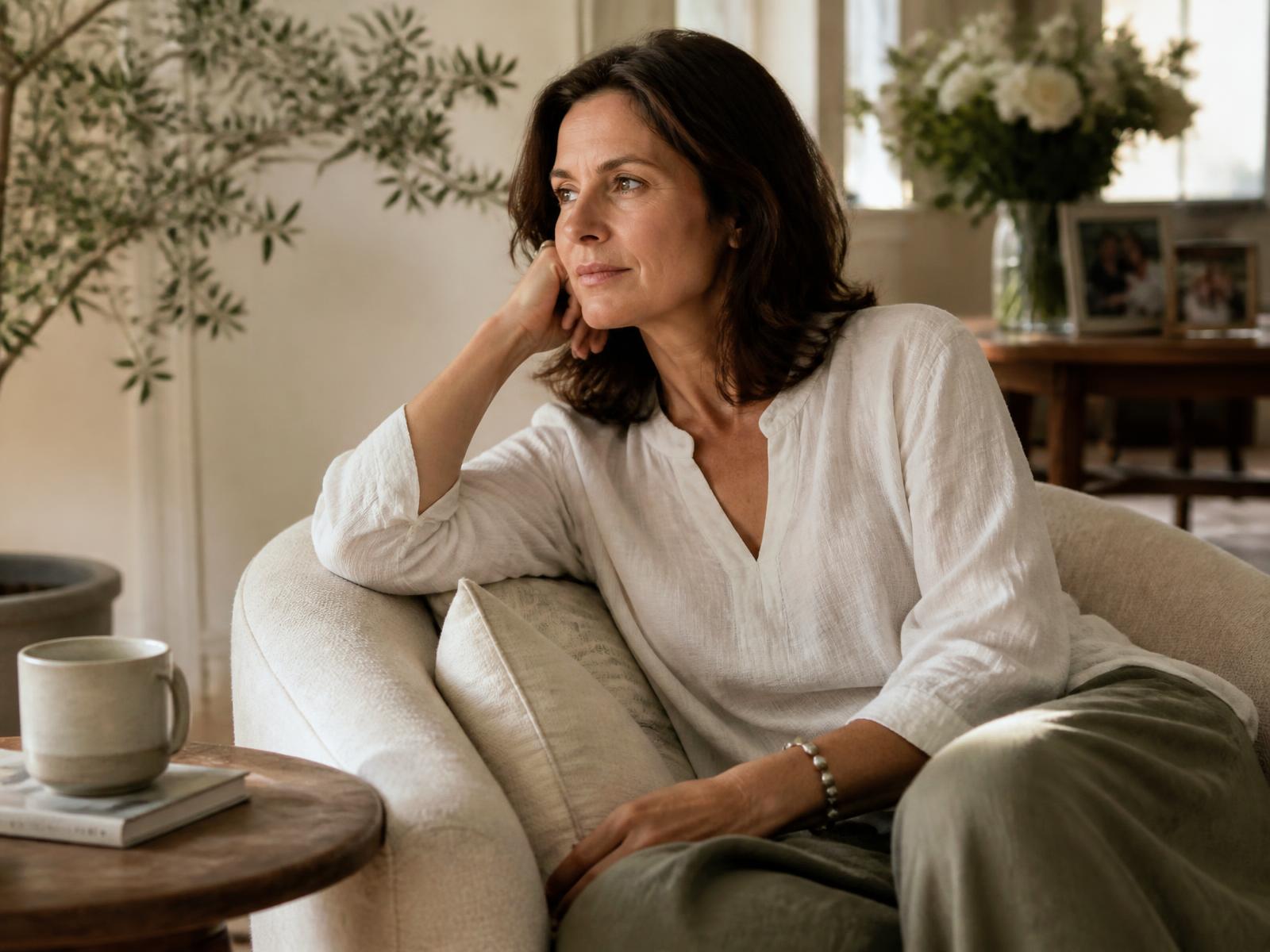 A woman sitting quietly in a sunlit family room, away from work