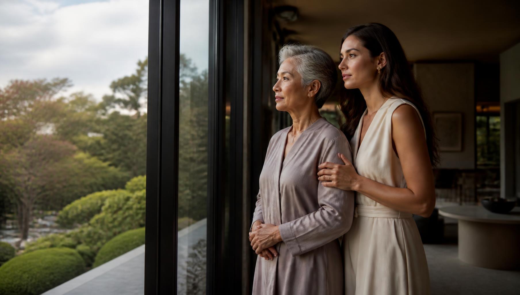 An older woman and a younger woman looking out over a garden together