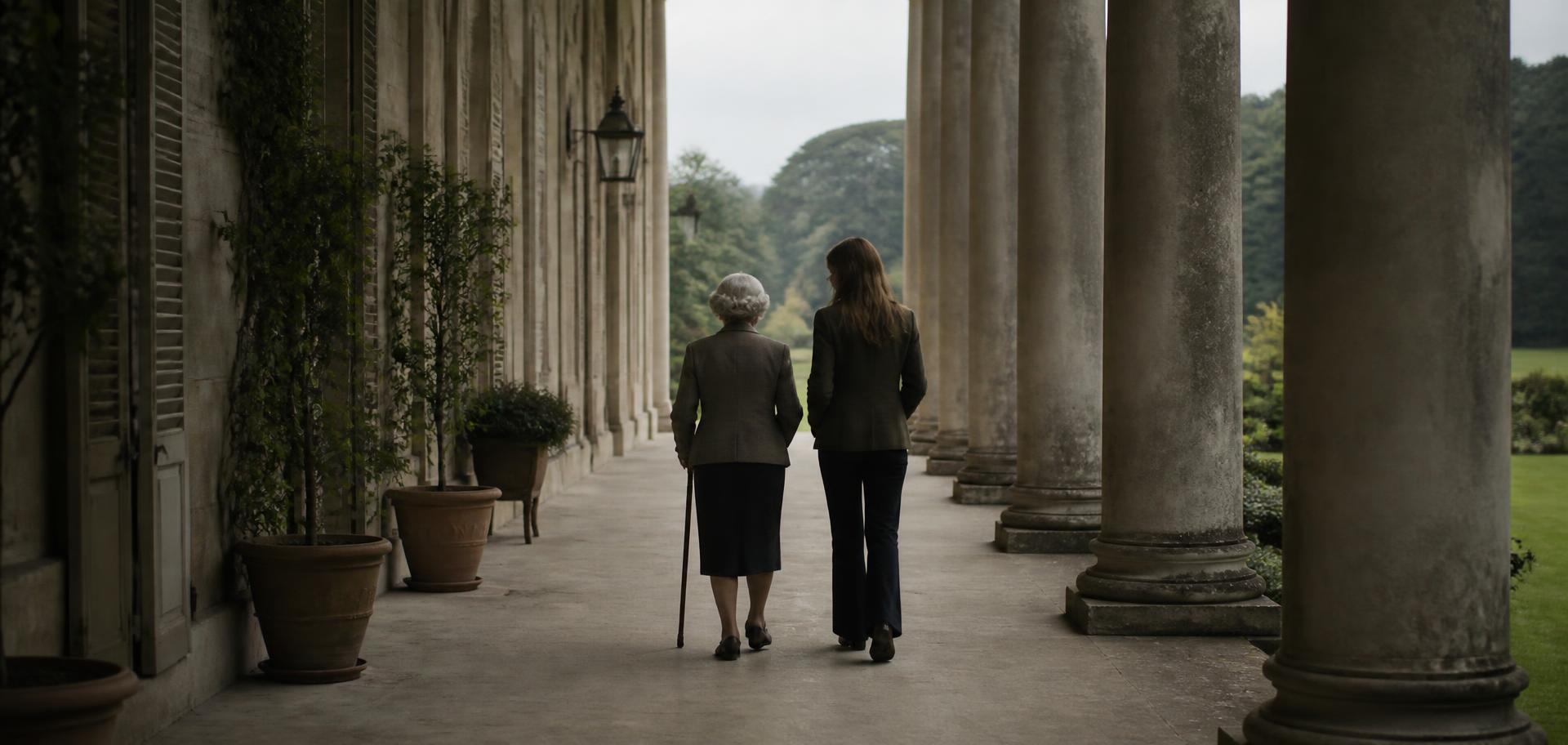 An older woman and a younger woman walking together along a colonnade
