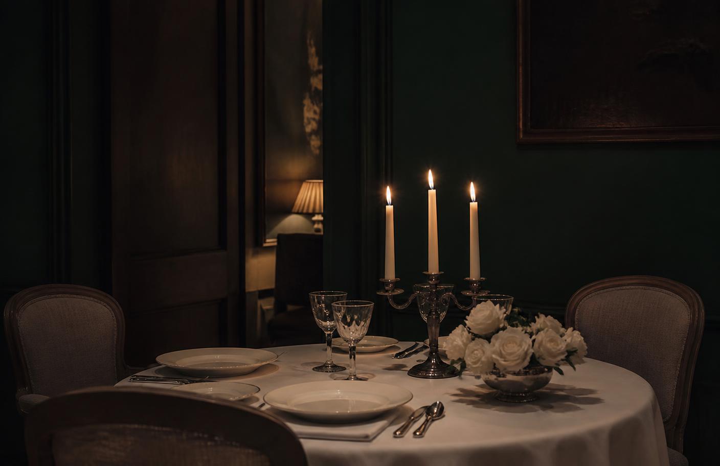 A small private dining table set by candlelight in a dark green room